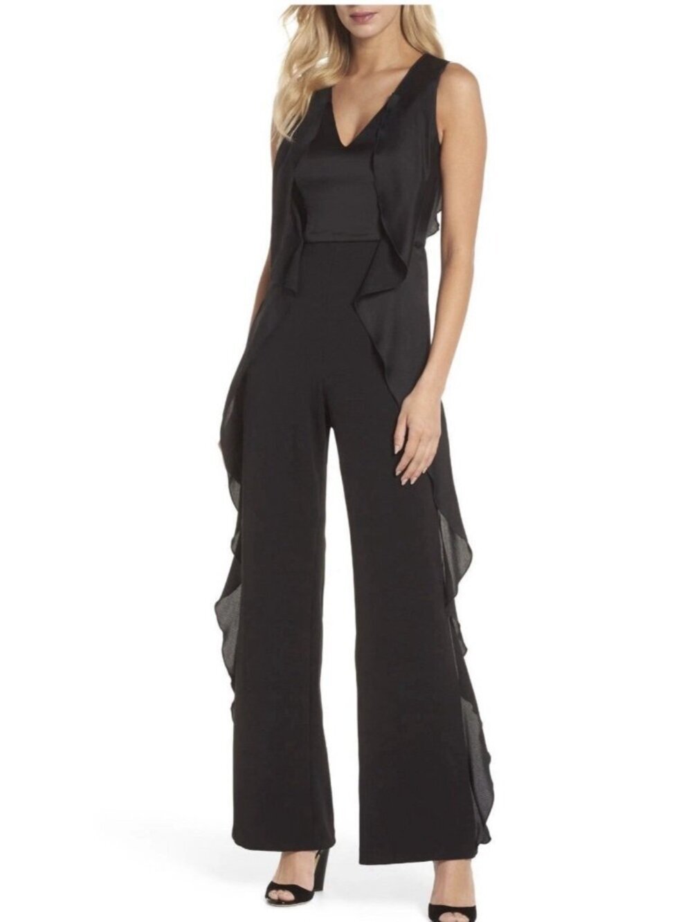 ADRIANNA PAPELL CASCADING RUFFAL BLACK SATIN JUMPSUIT sz 18W